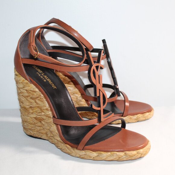 NWOB YSL Saint Laurent Wedge Ankle Strap Sandals Brown Leather 39 - Picture 1 of 5